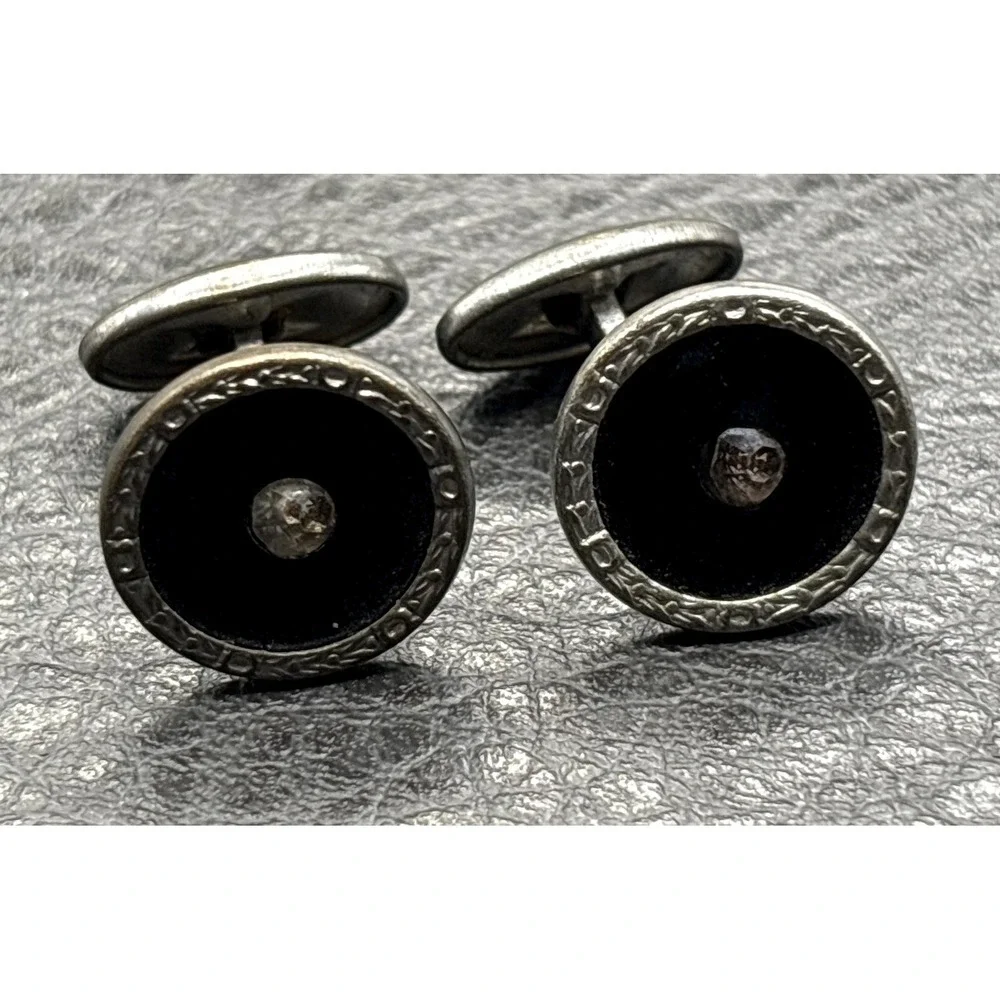 Vintage Art Deco Rhinestone Crystal Enamel Decorative Cufflinks Silver Tone